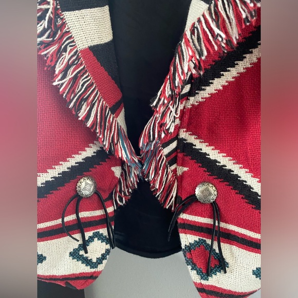 Vintage ITS IN THE BAG Woven Fringed Blanket Jacket Conchos Tassels USA Medium - Picture 7 of 11
